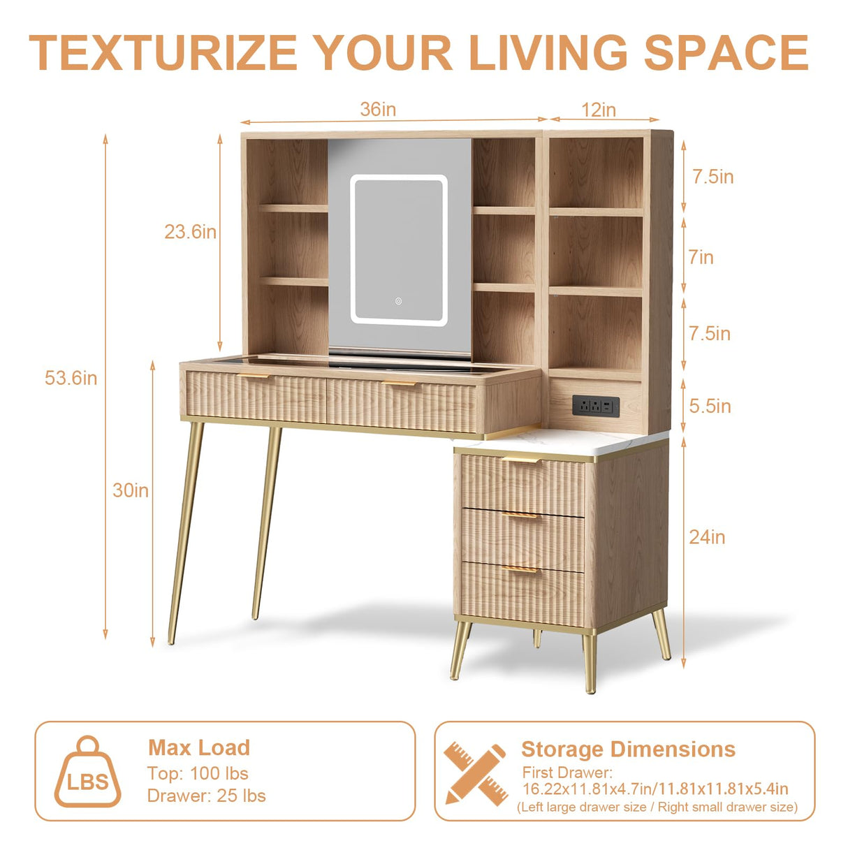 48" Fluted Makeup Vanity Desk with Sliding Mirror and Lights, Wooden Dressing Table with 5 Drawers and Adjustable Shelves,Makeup Vanity Table Modern Glass Top with Charging Station for Bedroom (Oak) TTSITG
