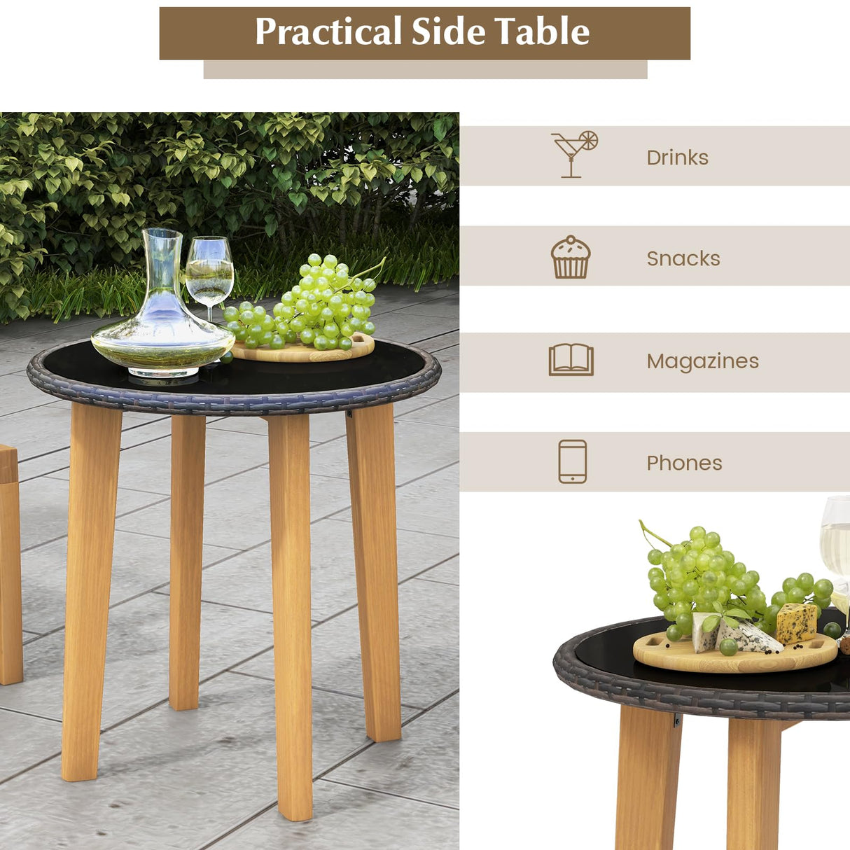 Tangkula 3 Piece Patio Chair Set, Wicker Chair & Side Table Set with Soft Cushions & Tempered Glass Tabletop, Solid Wood Support, Outdoor Rattan Furniture Set for Porch, Backyard, Poolside Tangkula