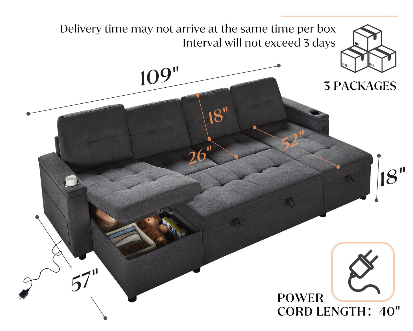 VanAcc Sleeper Sofa, 109 inch Sectional Sofa Bed with USB Charging Ports & Cup Holders, Pull Out Sofa Bed with Dual Storage Chaise, U-Shaped Bed Couch for Living Room, Dark Grey