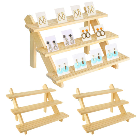 Acrux7 2 Pack 3 Tier Wooden Display Stand, Wooden Earring Display Wood Cupcake Stands, Detachable Wood Tiered Jewelry Card Display Stand with Groove for Jewelry Cupcake Vendors Retail Party Home Acrux7