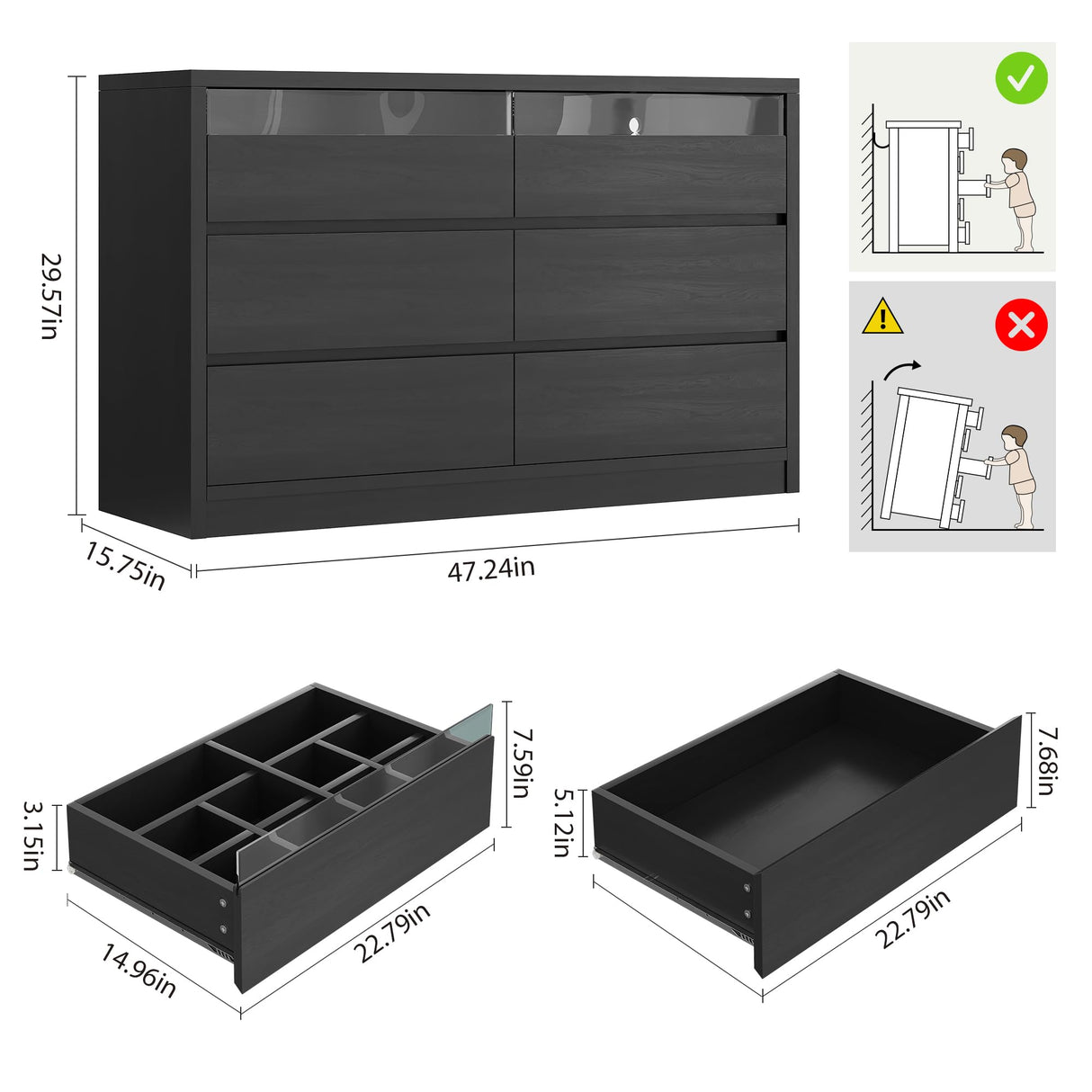 Jocoevol Large 6 Drawer Dresser for Bedroom with LED Light, Modern Chest of Drawers with Hidden Handles, Long Double Wooden Dresser Closet for Living Room, Entryway, Hallway - Black Jocoevol