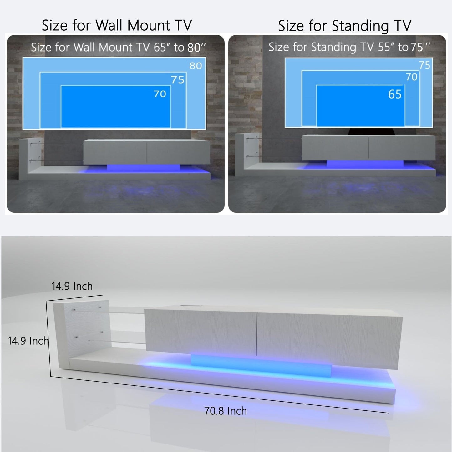 BAMACAR Modern TV Stand for 80 Inch TV, White Led Light Entertainment Center with Storage, 80 75 70 Inch TV Stands for Living Room - WoodArtSupply