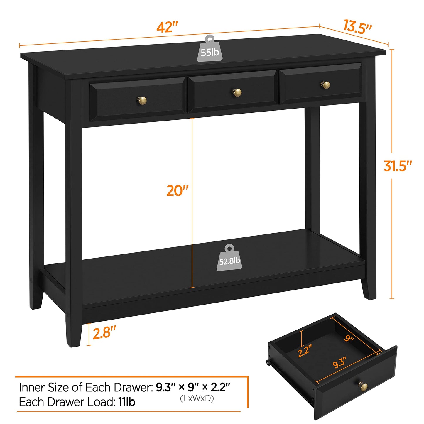 Yaheetech Console Table with 3 Drawers, Wood Entryway Table with Storage Shelf, Sofa Table Narrow Long for Living Room, Entryway, Hallway, Foyer, Black - WoodArtSupply