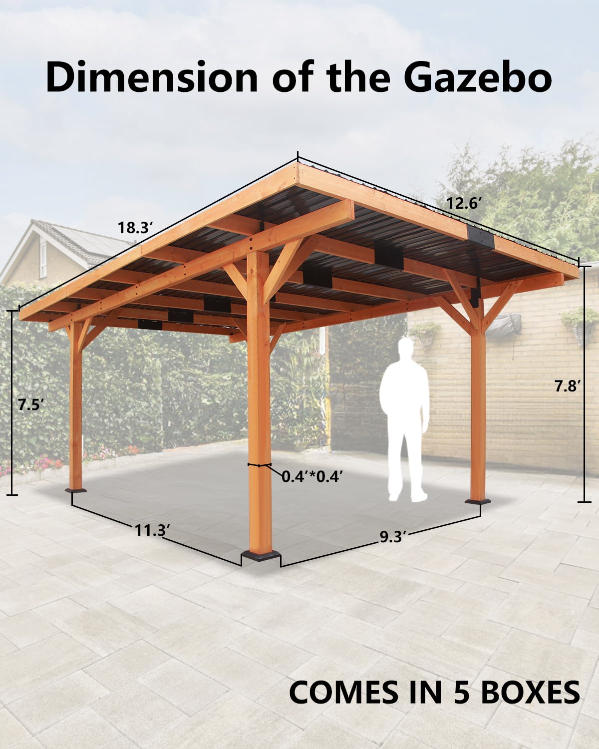 Beneouya 18.3 x 12.6 x 7.8 FT Carport, Wood Outdoor Gazebo Pavilion with Hardtop Sloped Steel Roof, Heavy Duty Waterproof Car Port for Backyard, Patio, Deck and Lawn Beneouya