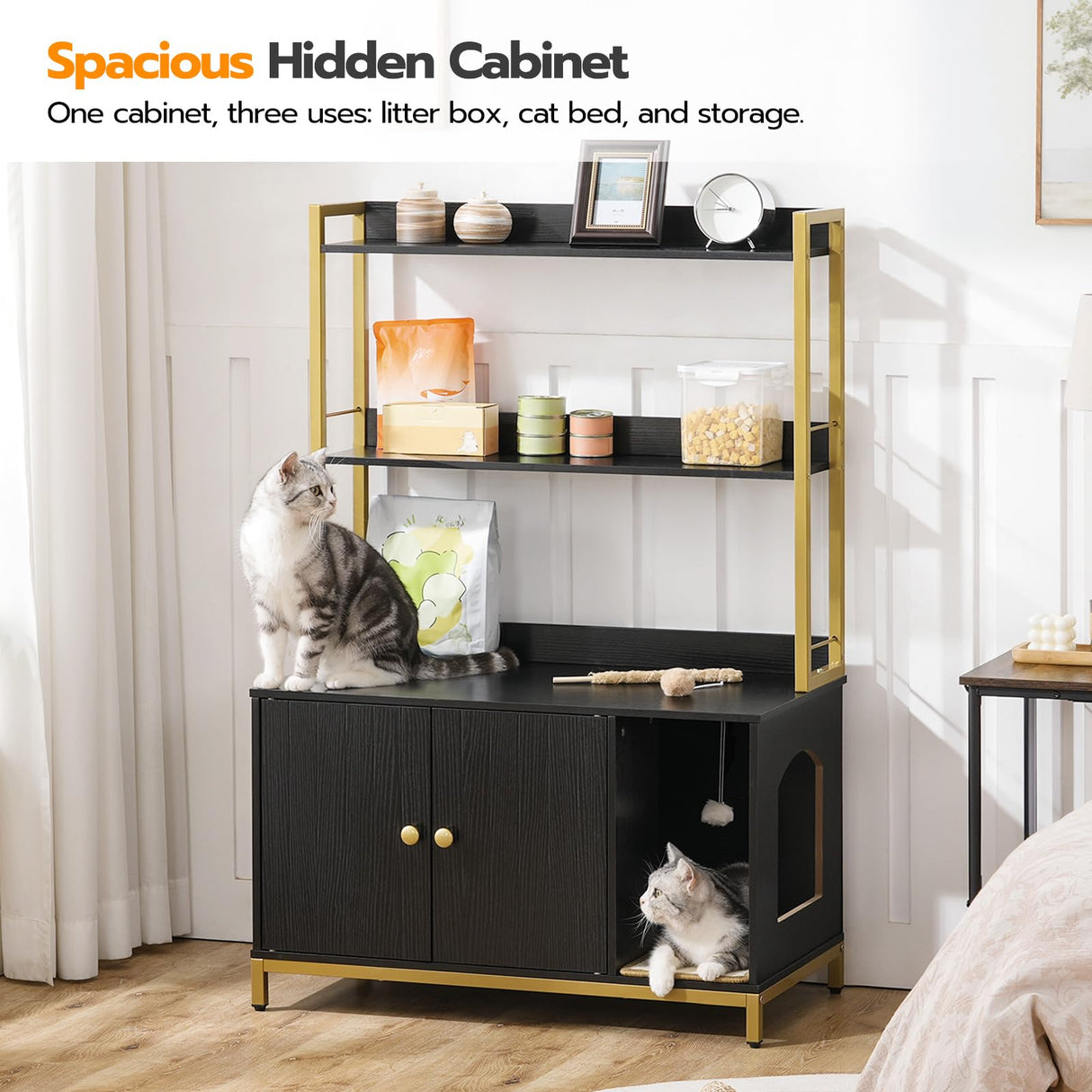 HOOBRO Large Cat Litter Box Enclosure with 2 Storage Shelves, Wooden Litter Box Furniture, Hidden Litter Box Furnitue with Scratching Pad, Sturdy and Solid, 31.5"L x 17.9"W x 47.2"H, Black BD82MW01 HOOBRO