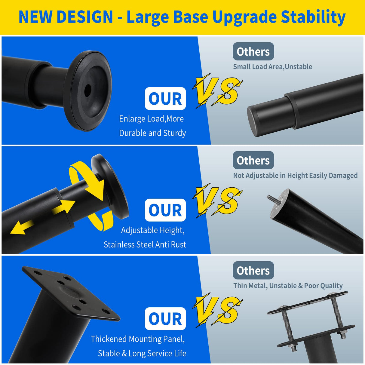 Olldag 4 Pcs Adjustable Height Furniture Support Legs [with Screws] 3.15-4.72 inch, Metal Heavy Duty Furniture Replacement Legs for Chair/Bed/Sofa/Cabinet/Couch/Dresser/Bed/Table (Black) Olldag