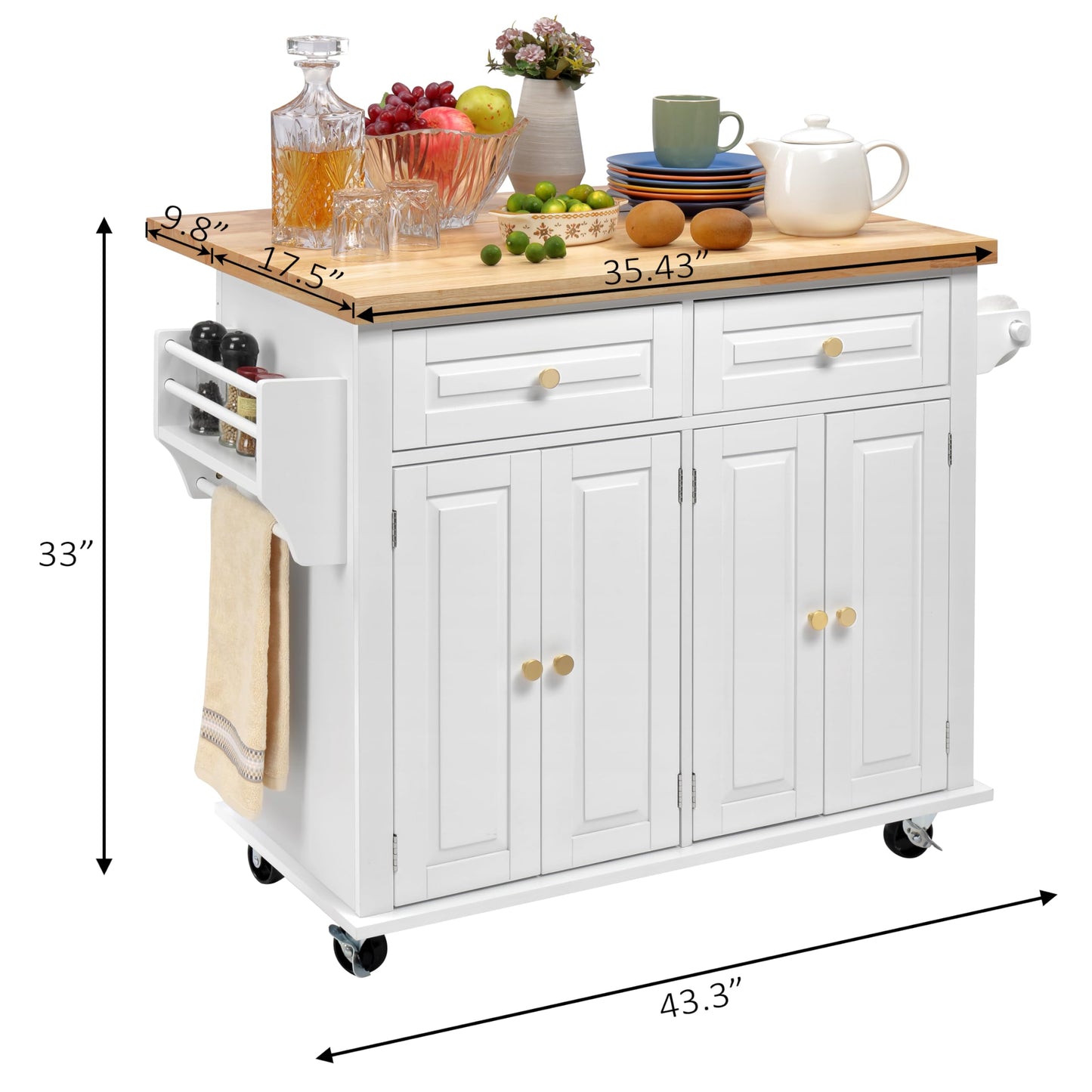 Finnhomy Rolling Kitchen Island With Drop Leaf, Thicken Rubberwood Top, Spice Rack, Towel Rack, Drawer, 43.3" Portable Mobile Kitchen Island Carts Table, Storage Cabinet, Both Wheels and Feet Included