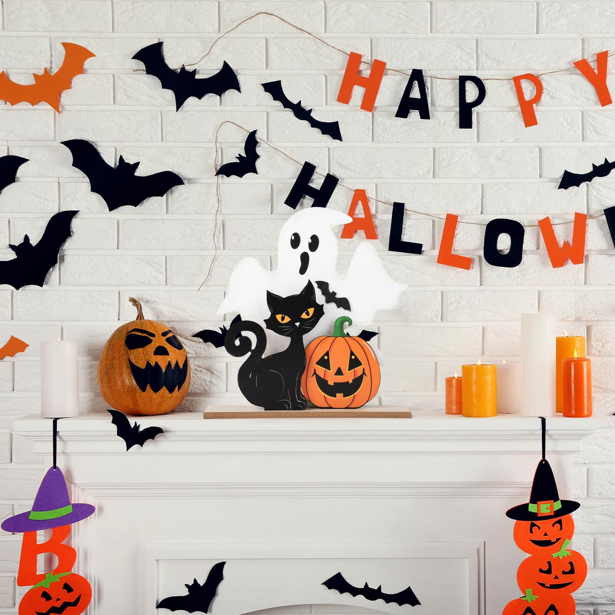Halloween Decorations Wooden Ghost Table Sign Pumpkin Black Cat Table Centerpieces Standing Tabletop Decoration Happy Halloween for Holiday Desk Tiered Tray Party Shelf Decorations Farmhouse Sophena