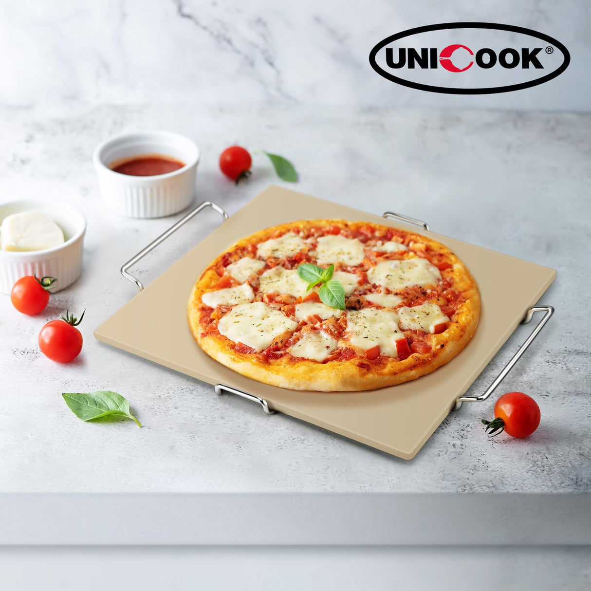 Unicook 12 Inch Square Pizza Stone for Oven and Grill, Oven Baking Stone for Bread, Cordierite Pizza Pan for Baking Crispy Pizzas, Bread and Cookies, Includes Carry Rack and Pizza Dough Scraper Unicook