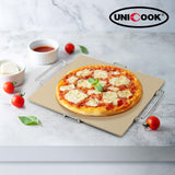 Unicook 12 Inch Square Pizza Stone for Oven and Grill, Oven Baking Stone for Bread, Cordierite Pizza Pan for Baking Crispy Pizzas, Bread and Cookies, Includes Carry Rack and Pizza Dough Scraper Unicook
