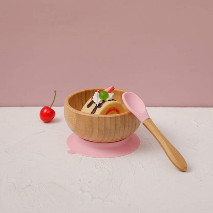 Baby Bowls and Spoons, Baby Bamboo Bowl and Spoon | Silicone Suction | Bamboo Baby Bowls for Baby | Baby Bowls First Stage | Baby Wood Bowls (Pink)