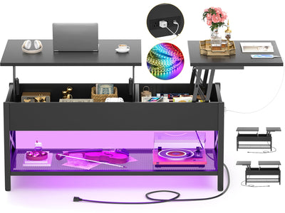 Besiost Coffee Table, Lift Top Coffee Table with Storage, LED Light & Power Outlet and Hidden Compartment, Retro Center Table for Living Room, X Support Wood Tabletop, Metal Frame,Black