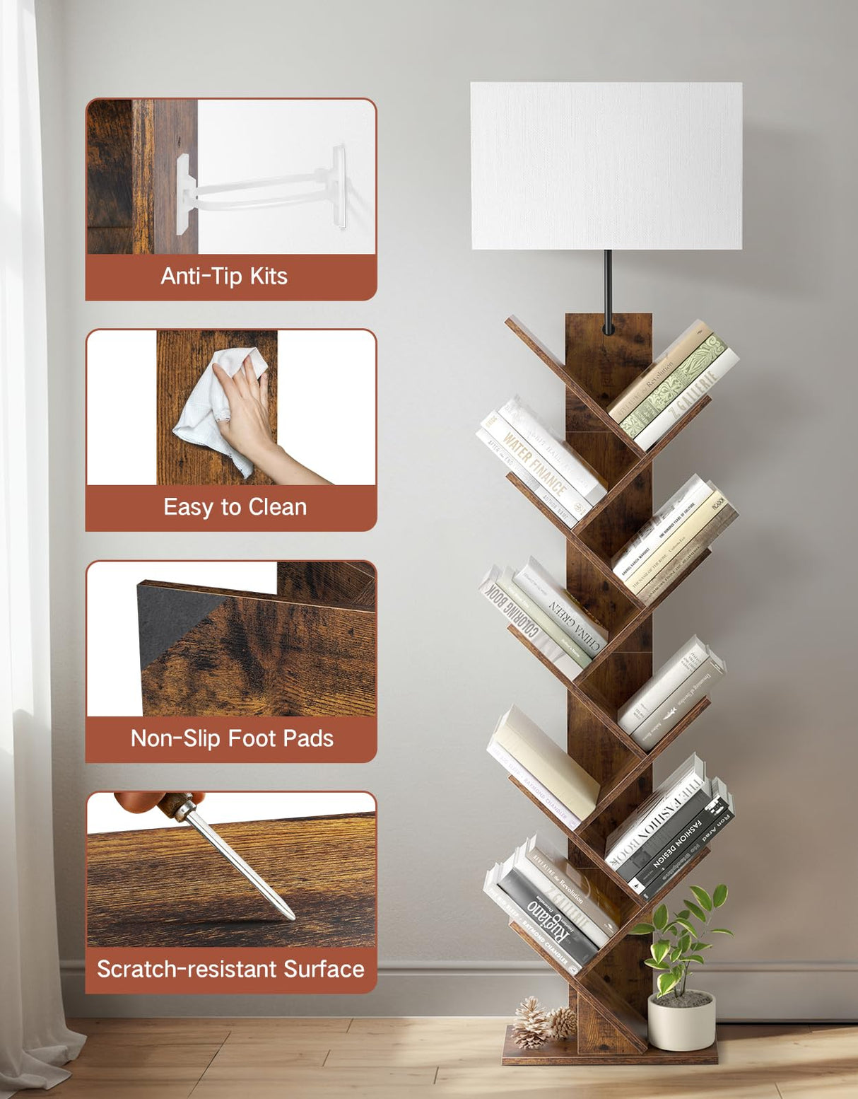 OUTONLIFE 9 Tier Tree Bookshelf with Light, Remote & Timer, Modern Tall Floor Standing Book Shelf, Narrow Wood Bookcase, Small Book Organizer Shelves for Living Room, Bedroom, Office (Rustic Brown) OUTONLIFE