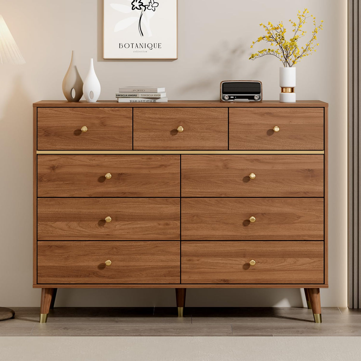 Chrangmay 9 Drawers Dresser for Bedroom,35.4" Tall Wood Rustic Modern Chest of Drawers with Natural Texture,with Anti-Tipping Device, Storage Dressers Organizer for Bedroom, Living Room,Chestnut Chrangmay