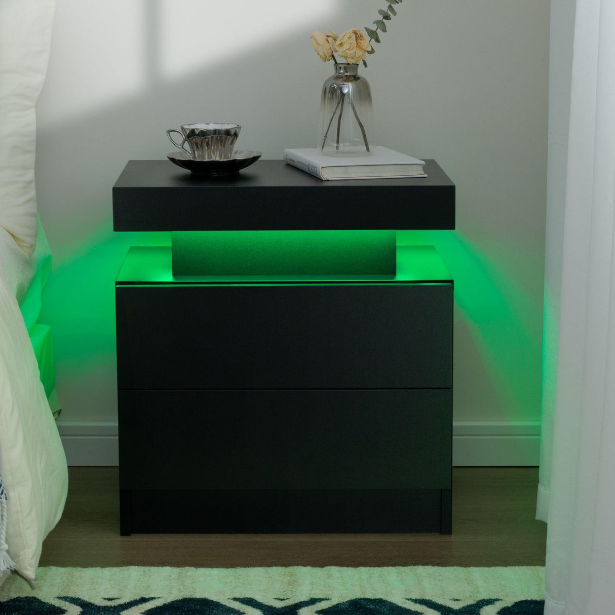 Cubehom Black Nightstand LED Set of 2 Black Bedside Table LED Night Stand with LED Lights Modern End Side Table with 2 Drawers for Bedroom Cubehom
