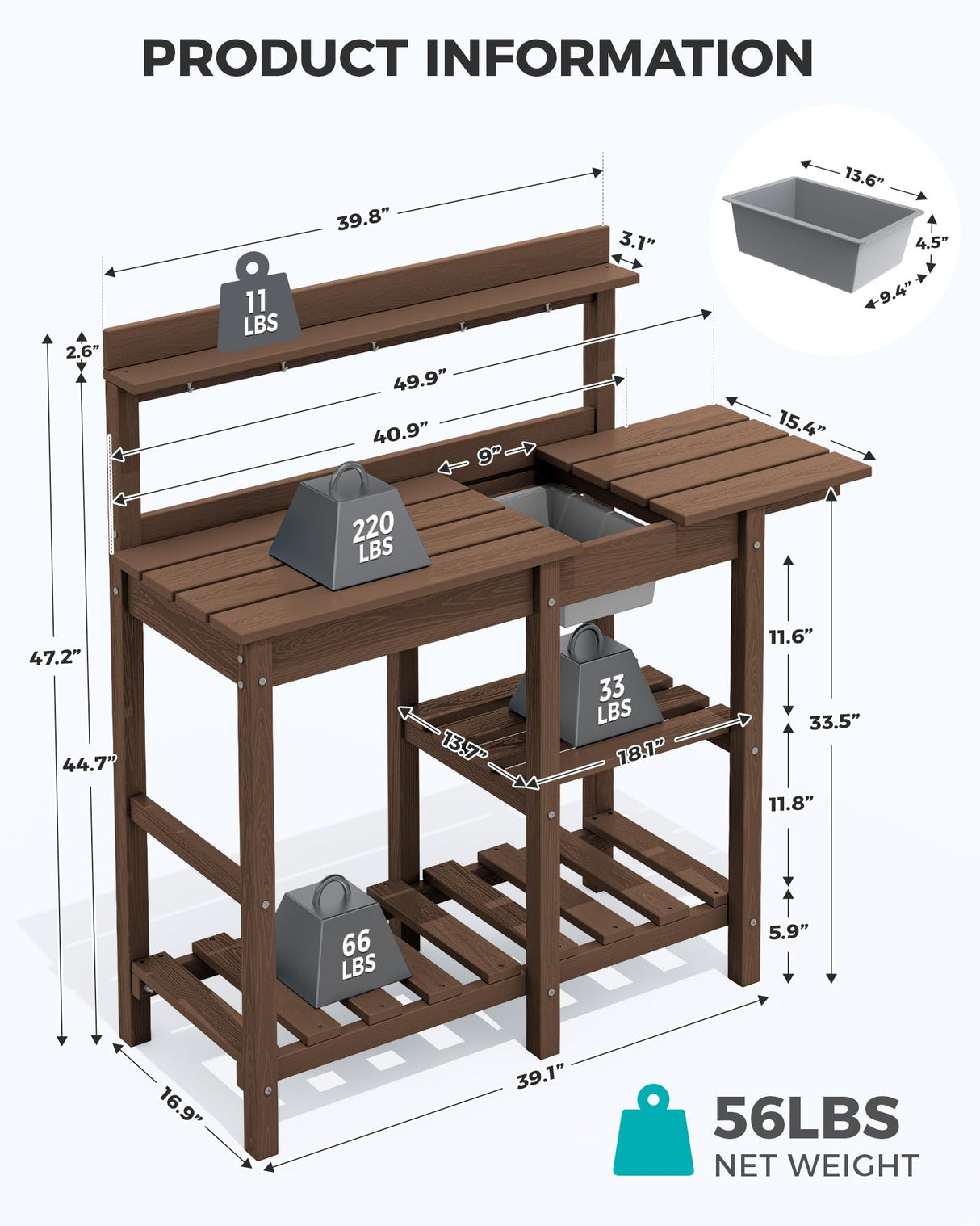SERWALL Outdoor Potting Bench with Removeable Sink,Rot-Resistant HDPE Potting Table for Outside Gardening, All Weather Use - Coffee SERWALL