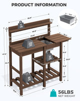 SERWALL Outdoor Potting Bench with Removeable Sink,Rot-Resistant HDPE Potting Table for Outside Gardening, All Weather Use - Coffee SERWALL
