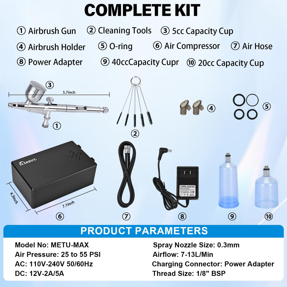 Slskbut Airbrush Kit with Air Compressor 7-Gear Adjustable, 55 PSI Professionals High-Power Air Brush Set, Dual-Action Airbrush Spray Gun Set, for Painting, Nail Art, Makeup, Model and Cake Coloring SLSKBUT