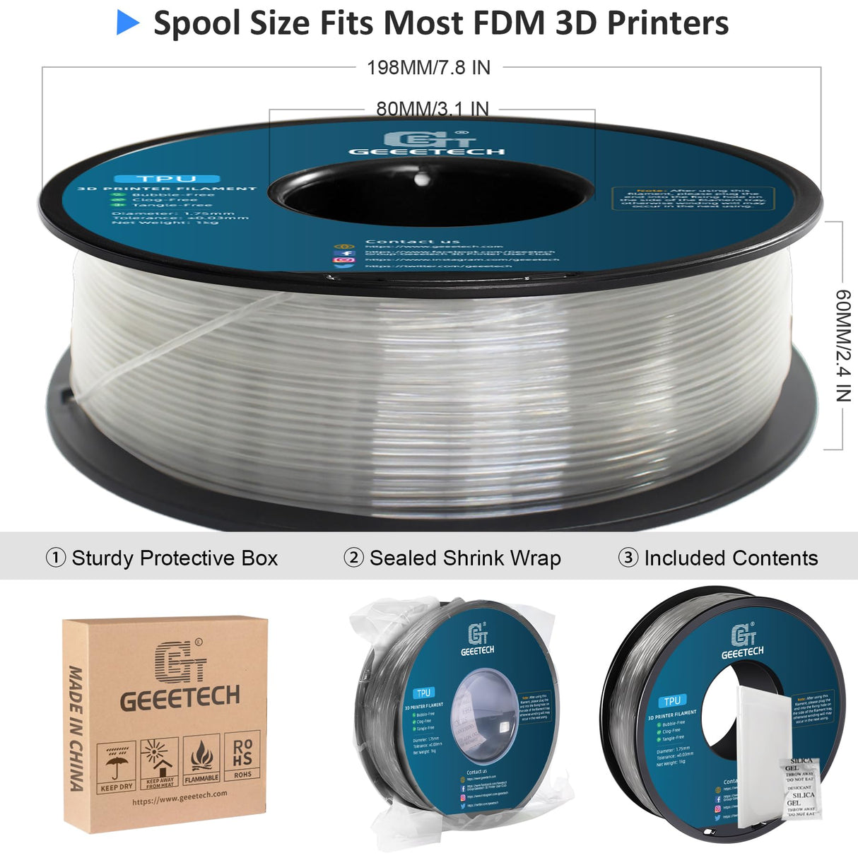Geeetech TPU Filament 1.75mm, Shore 95A Flexible 3D Printer Filament with High Elasticity, 1KG (2.2lbs) Spool, Dimensional Accuracy ±0.03mm, Fits Most FDM Printers (Clear) Geeetech