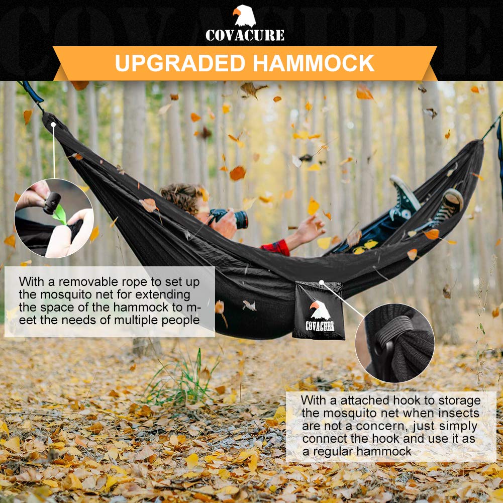 Covacure Camping Hammock - Lightweight Double Hammock, Hold Up to 772lbs, Portable Hammocks for Indoor, Outdoor, Hiking, Camping, Backpacking, Travel, Backyard, Beach(Black) covacure