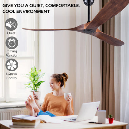 Solid Wood Ceiling Fans Without Light, 60 Inch Real Wood Ceiling Fan with Remote Control and 3 blade, Natural Wood Ceiling Fan Waterproof, Indoor Outdoor Ceiling Fans for Patio, Bedroom, Livi - WoodArtSupply