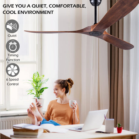 Solid Wood Ceiling Fans Without Light, 60 Inch Real Wood Ceiling Fan with Remote Control and 3 blade, Natural Wood Ceiling Fan Waterproof, Indoor Outdoor Ceiling Fans for Patio, Bedroom, Living room EOPETY
