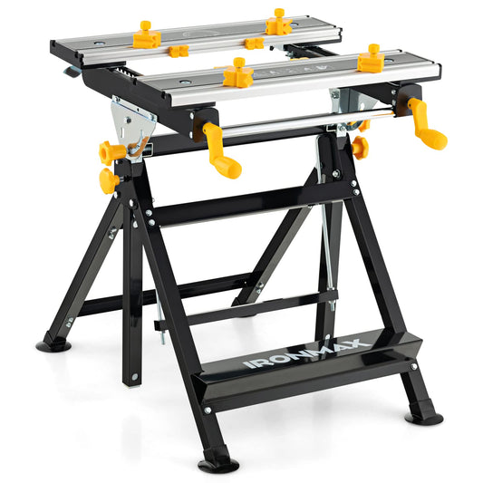 Goplus Portable Workbench, Folding Work Table w/Tiltable Platform, 7-Level Adjustable Height,8 Sliding Clamps & 2 Rotary Clamping Handles, Saw Table Work Stand, Foldable Work Bench for Garage - WoodArtSupply