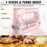GUALIU Electric Hand Mixer with Stainless Steel Whisk, Dough Hook Attachment and Storage Bag, Handheld Mixer for Baking Cakes, Eggs, Cream Food Mixers. Turbo Boost /5 Speed Kitchen Blender PINK GUALIU