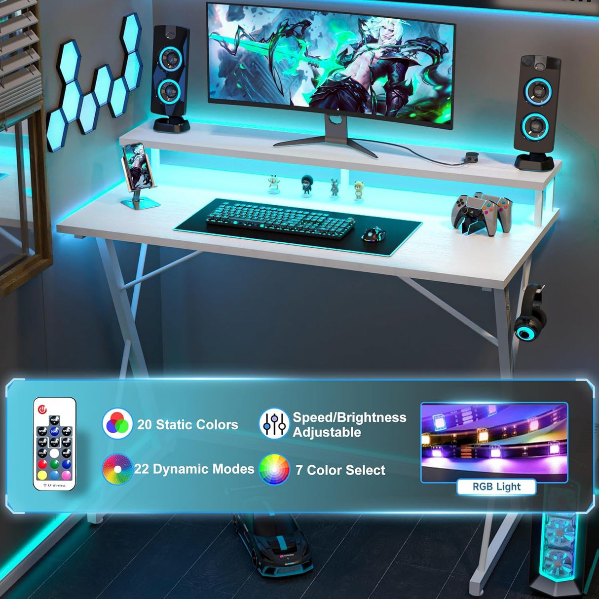 TIQLAB Gaming Desk with Power Outlets & LED 40 Inch Ergonomic Computer Carbon Fiber Surface Gamer Desk, Large Monitor Stand, Headphone Hook, PC Workstation for Bedroom, White Desk TIQLAB