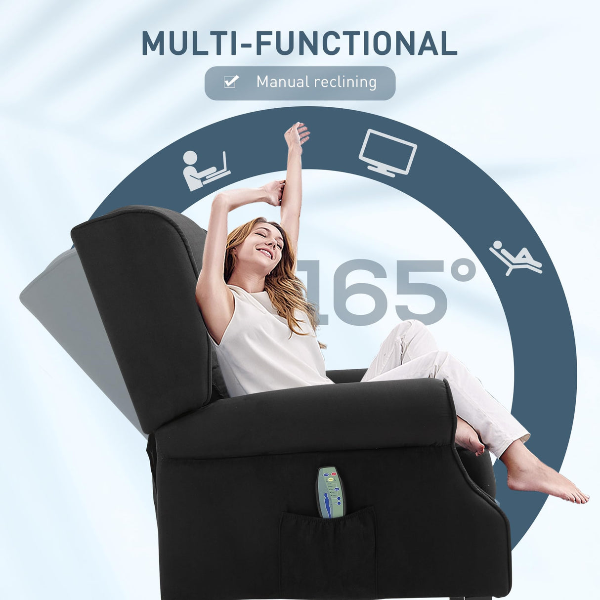 HOMCOM Vibration Massage Recliner Chair for Living Room with Heat, Wingback Single Sofa, Modern Suede Fabric Push Back Reclining Chair with Footrest, Side Pocket, Black HOMCOM