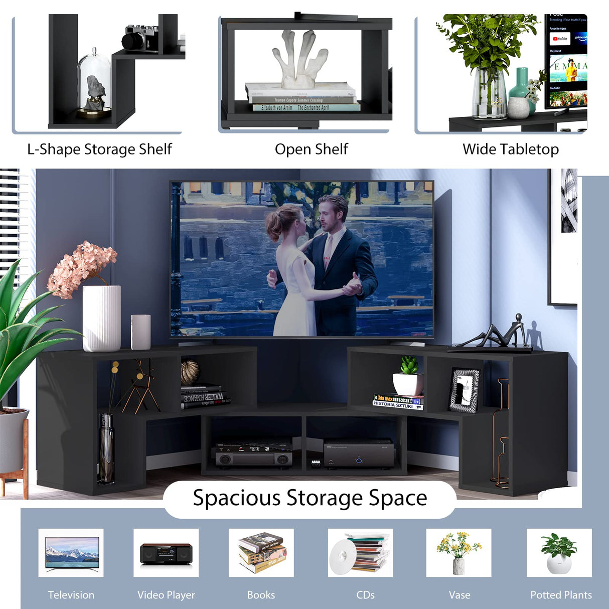 Tangkula 3 Pieces Console TV Stand, Free-Combination Entertainment Center for 50 55 60 65 Inch TV, Minimalist Modern TV Media Stand, DIY Open Storage Bookcase Shelf for Living Room (Black) Tangkula