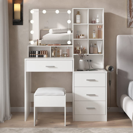 Vabches White Vanity Desk with Mirror and Lights, Makeup Vanity Table with Charging Station, 3 Lighting Modes Brightness Adjustable, 4 Drawers, 8 Shelves, Vanity Set, 38.7in(L) Vabches