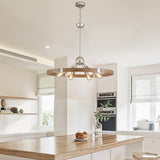 XINGQI Wagon Wheel Chandelier Modern Rustic Large Round 6-Lights Nickel & Wood Grain Finish Retro Ceiling Pendant Light Fixture for Dining Room Living Room XINGQI