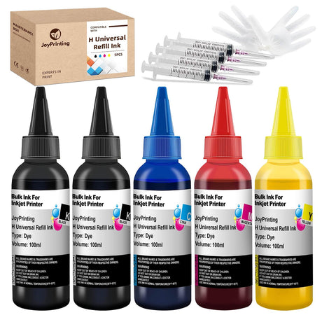 JoyPrinting Ink Refill Kit for HP Printer Cartridges HP 67 60 61 62 63 65 950 951 952 962 920 901 902 932 933 934 940 Refillable Ink Cartridges CISS System (5 x 100ml, Black, Cyan, Magenta, Yellow) JoyPrinting