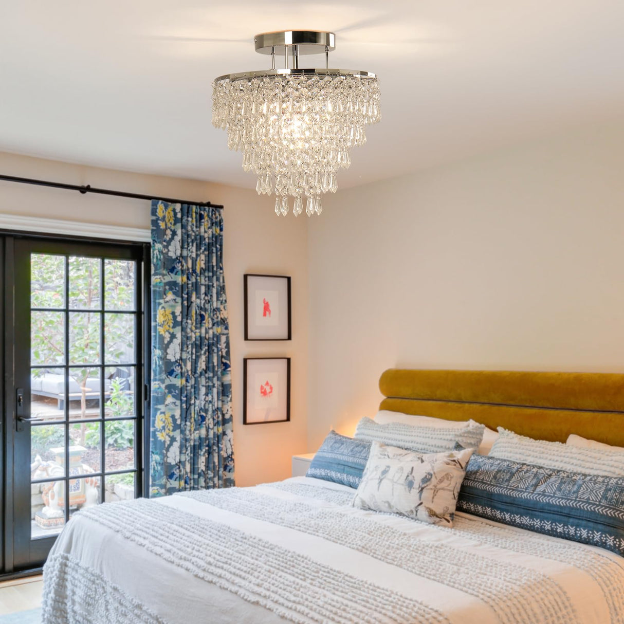 FRIXCHUR 11.8" Crystal Chandelier Chrome Flush Mount Ceiling Light 5 Tiers Raindrops Silver Chandeliers for Bedroom Hallway Living Room,E26 Base FRIXCHUR