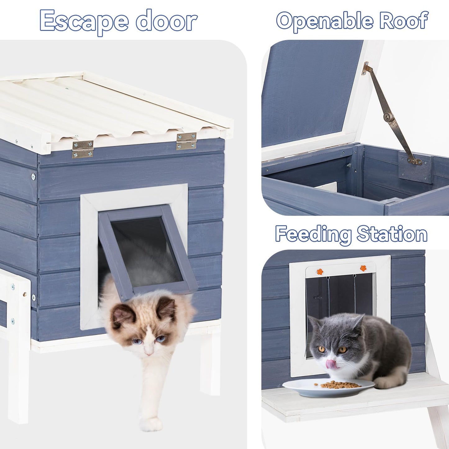 Petsfit Cat House Outdoor, Insulated High Feet + Feeding Station +Door Curtain, Wood Outside Cat House, Bunny Rabbit Hutch Blue - WoodArtSupply