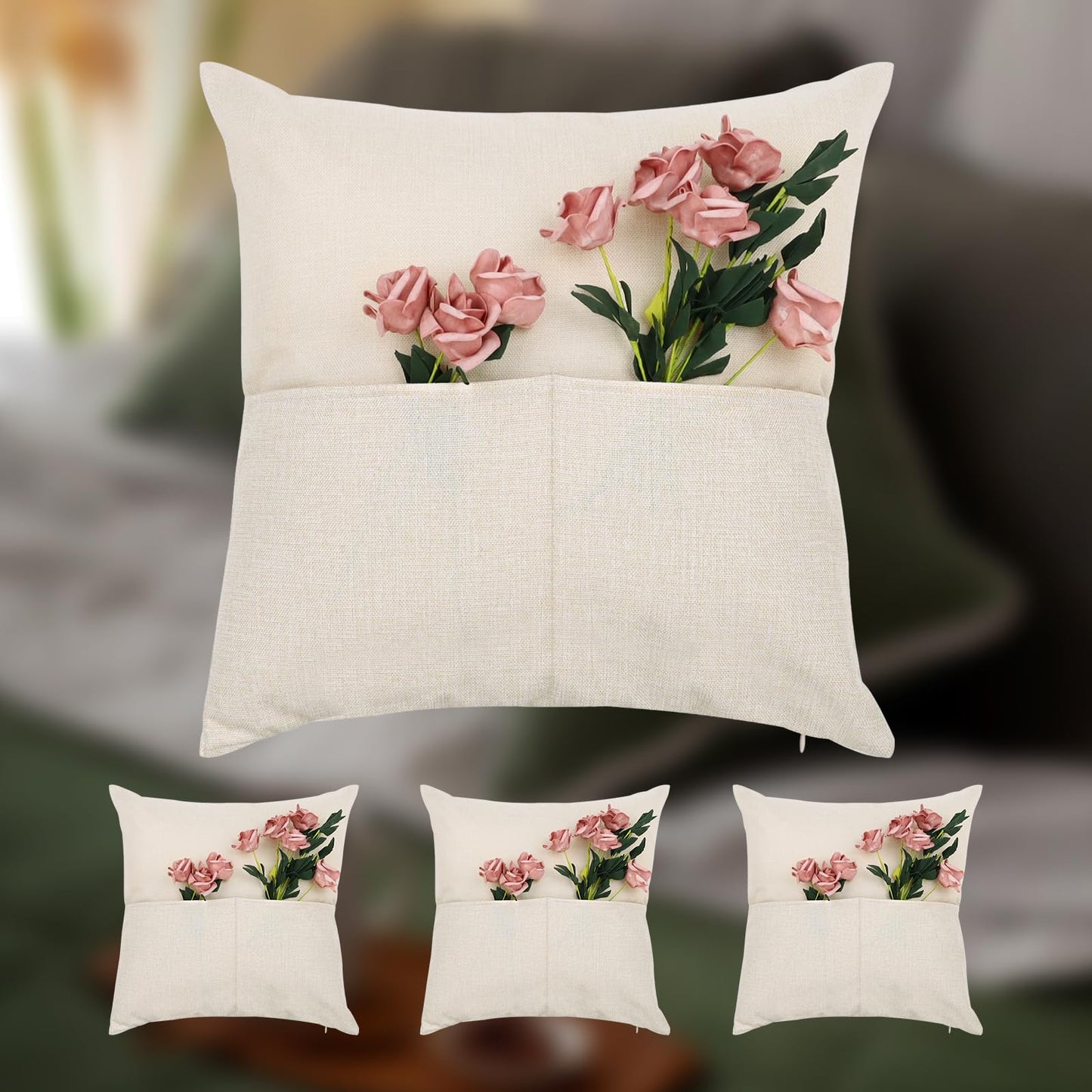 TopTie 4 PCS Sublimation Pillow Covers Blank with Pocket, Book Small Items Storage 18 x 18 Inches Linen Pillow Case