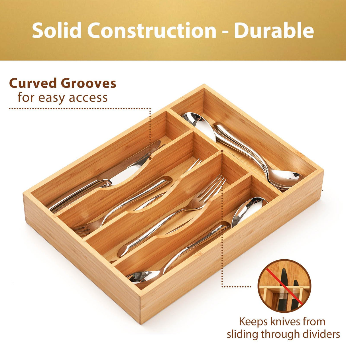 Umilife Bamboo Kitchen Drawer Organizer, 9 Inch Silverware Utensils Tray Holder for Small Drawer, Wood Caddy for Flatware Cutlery Knives Umilife