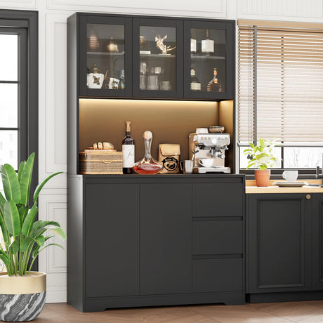 Finetones 71" Modern Black Kitchen Pantry Cabinet with LED Lights and Charging Station finetones