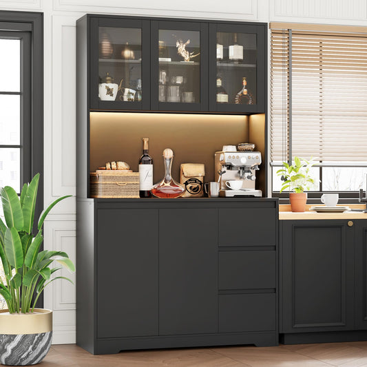 Finetones 71" Modern Black Kitchen Pantry Cabinet with LED Lights and Charging Station - WoodArtSupply