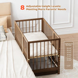 JOYMOR 8-in-1 Convertible Crib with Drawer, Include 2" Mattress, Convert from Mini Crib, Mid Crib to Full Crib, 8 Height Adjustable, Undercrib Storage Drawers (Honey Wood) JOYMOR