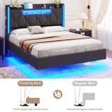 busyaeh Dark Gray Floating Bed Frame Queen with Hidden Storage, Charging Station & LED Lights busyaeh