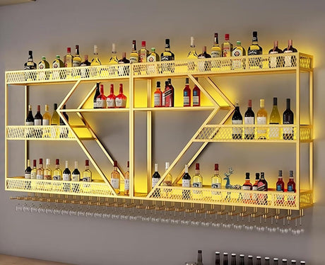 Wall Mounted 79in Wine Rack with LED Lighting Glass Holder, Liquor Bottles Shelves Display Storage Organizer Hanging Long Stemware Goblet Metal for Home Mini Bar Cellar Golden Generic