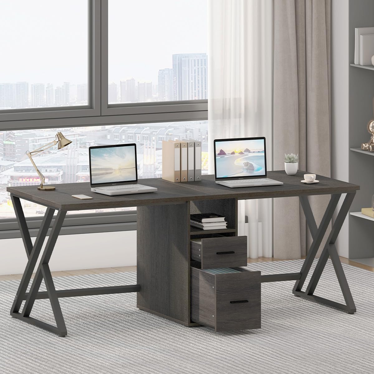 LVB Extra Long 2 Person Desk, Large Rustic Computer Desk with File Drawer, Industrial Wood Double Desk with Storage Cabinet Shelf, Modern PC Writing Study Work Dual Executive Office Desk, Gray, 79 in LVB