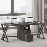 LVB Extra Long 2 Person Desk, Large Rustic Computer Desk with File Drawer, Industrial Wood Double Desk with Storage Cabinet Shelf, Modern PC Writing Study Work Dual Executive Office Desk, Gray, 79 in LVB