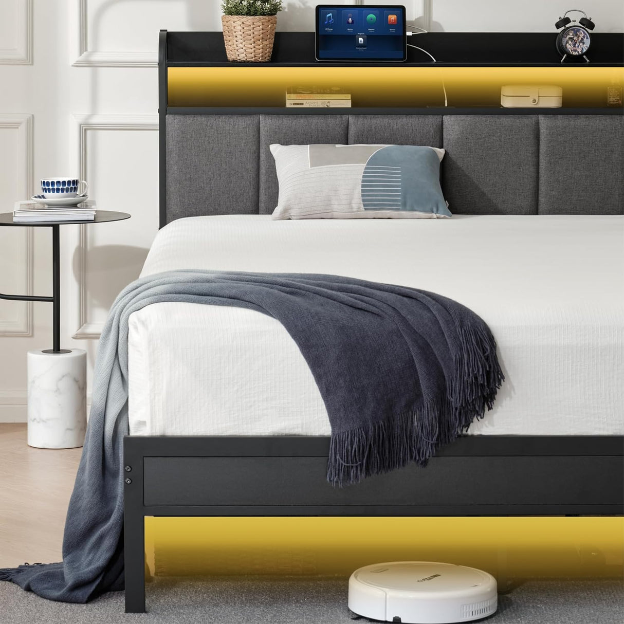 Z-hom Twin Metal Bed Frame with LED Headboard, Charging Ports & Storage Shelves - Grey Z-hom