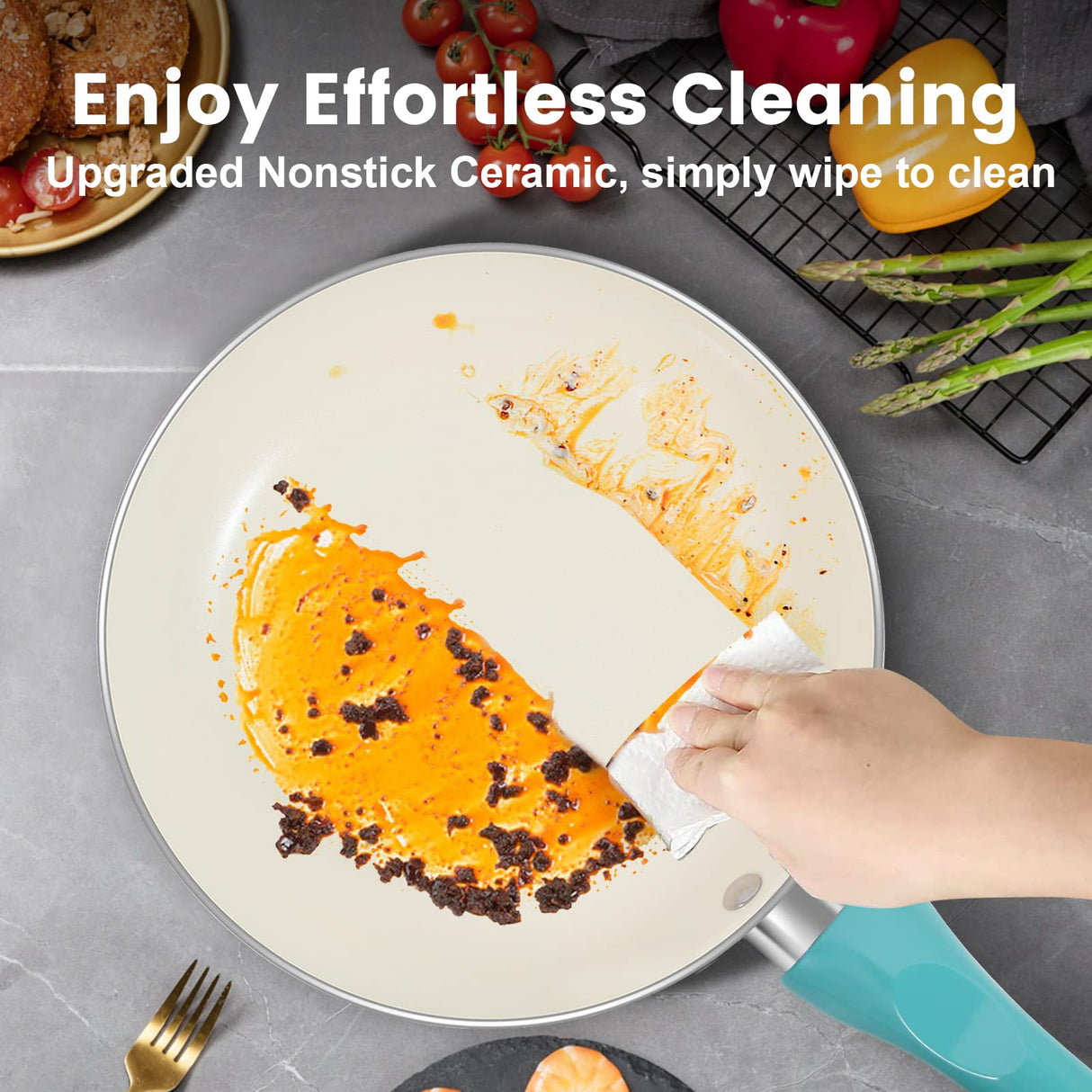 M MELENTA Pots and Pans Set Nonstick, 11pcs Kitchen Cookware Sets Induction Cookware, Ceramic Non Stick Cooking Set, Stay Cool Handle & Bamboo Kitchen Utensils, 100% PFOA Free, Turquoise M MELENTA