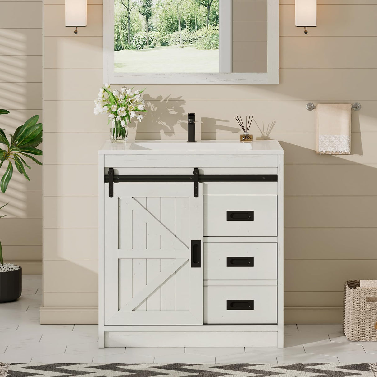 AMERLIFE Farmhouse Bathroom Vanity with Sink Combo, 31in Sliding Barn Door Bathroom Vanity Cabinet Set with Storage Drawers, Metal Handles, Small Single Bath Storage Vanity Sink, Antique White AMERLIFE