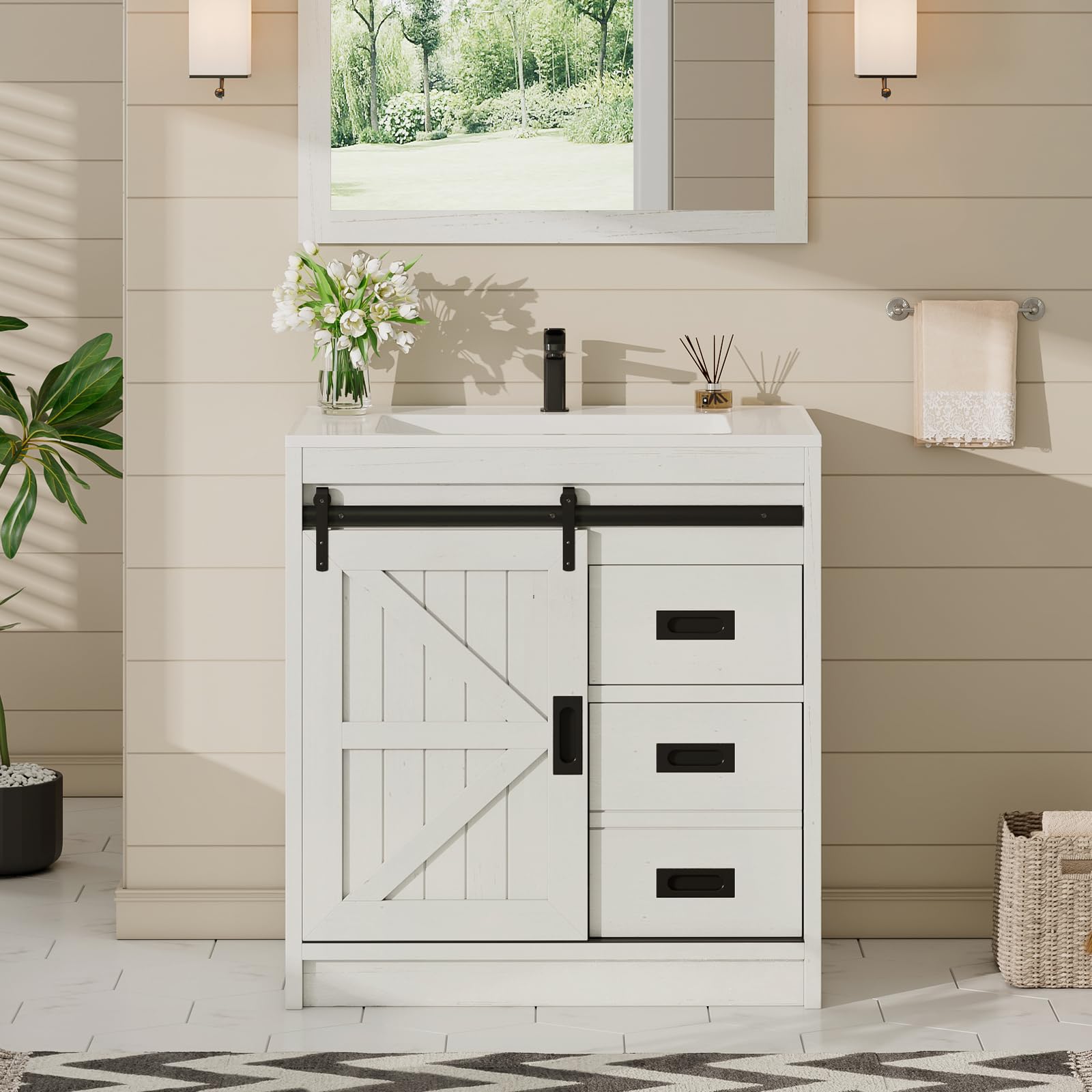 AMERLIFE Farmhouse Bathroom Vanity with Sink Combo, 31in Sliding Barn Door Bathroom Vanity Cabinet Set with Storage Drawers, Metal Handles, Small Single Bath Storage Vanity Sink, Antique Whit - WoodArtSupply