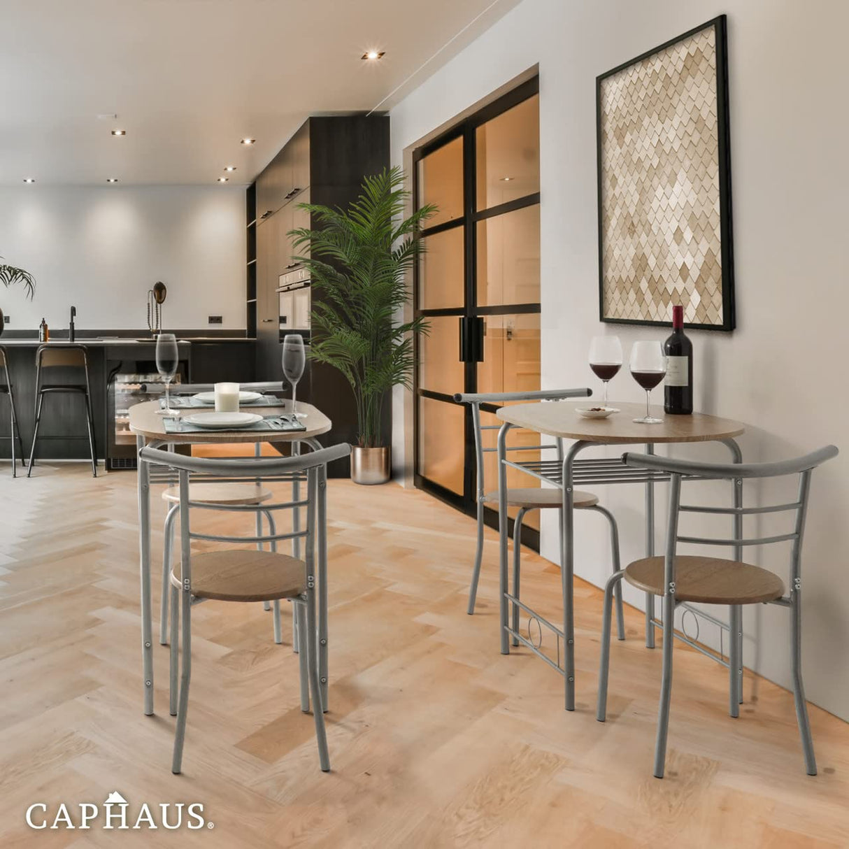 CAPHAUS 3 Pieces Dining Set for 2, Small Kitchen, Dining Room Table Set w/Steel Frame, 3 Pieces Patio Set w/Wine Rack, Small Dining Table Set for 2, Outdoor Dining Round Table Set, Natural Oak CAPHAUS